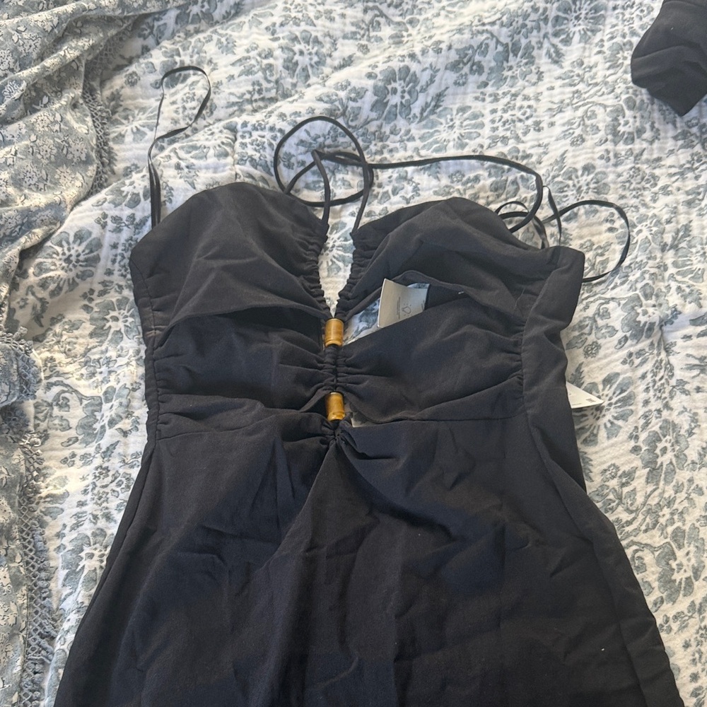 Zara Black Strapless Midi Dress with Wooden Bead Accents